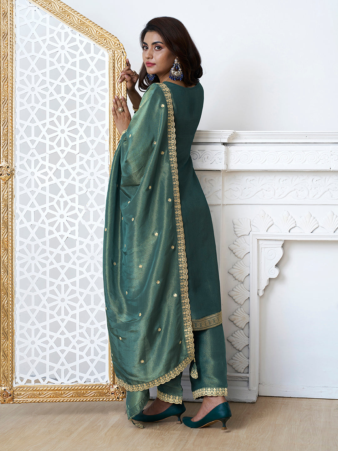 Green Tissue Shimmer Jacquard Kurta Suit Set