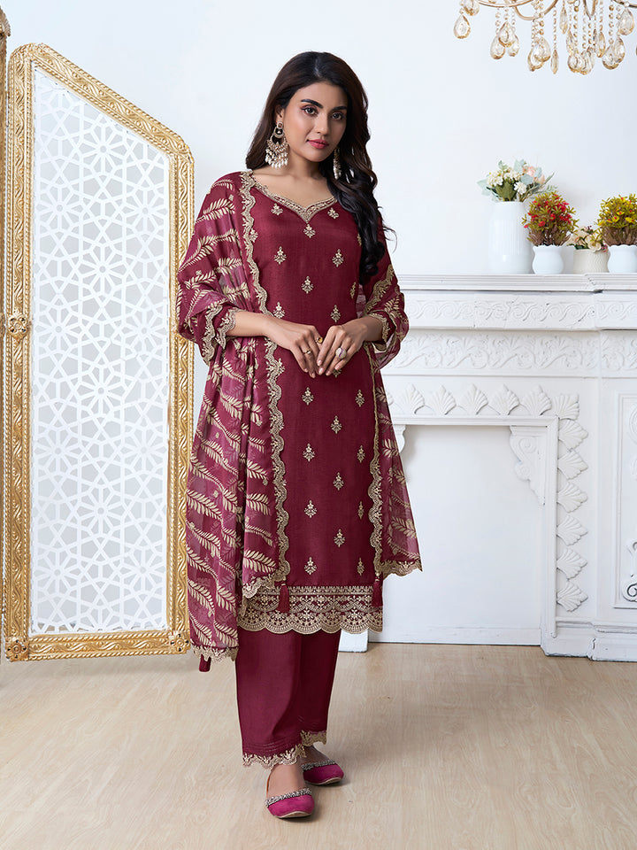 Dark Red Kurta Set in Dola Silk with Digital Print Dupatta