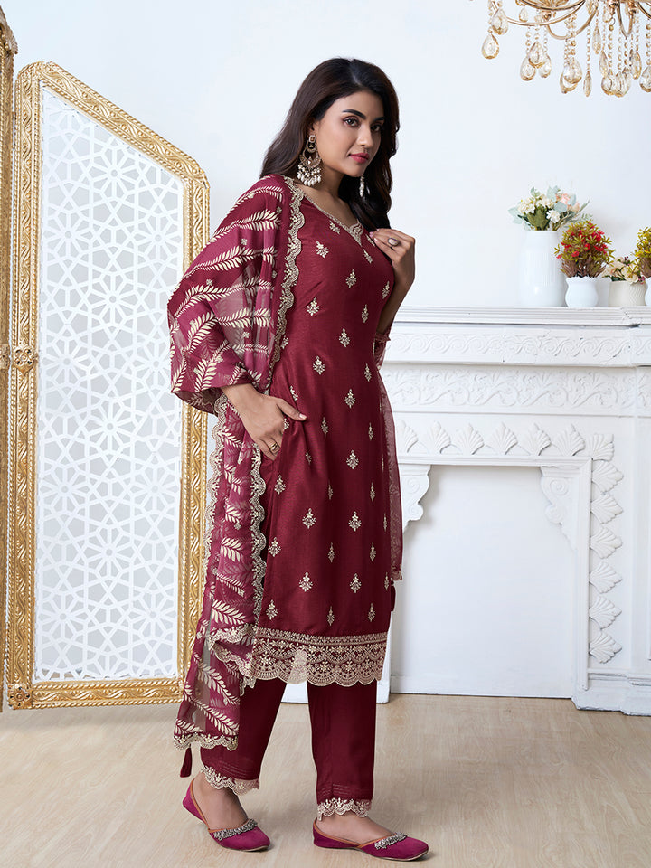 Dark Red Kurta Set in Dola Silk with Digital Print Dupatta