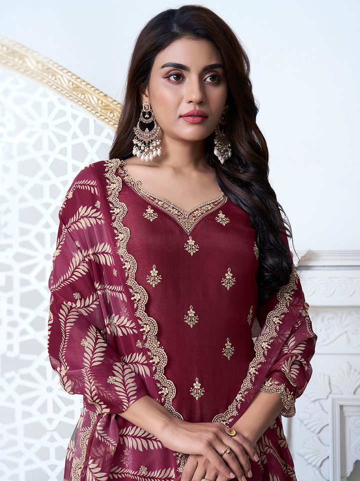 Dark Red Kurta Set in Dola Silk with Digital Print Dupatta