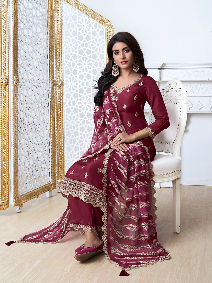 Dark Red Kurta Set in Dola Silk with Digital Print Dupatta