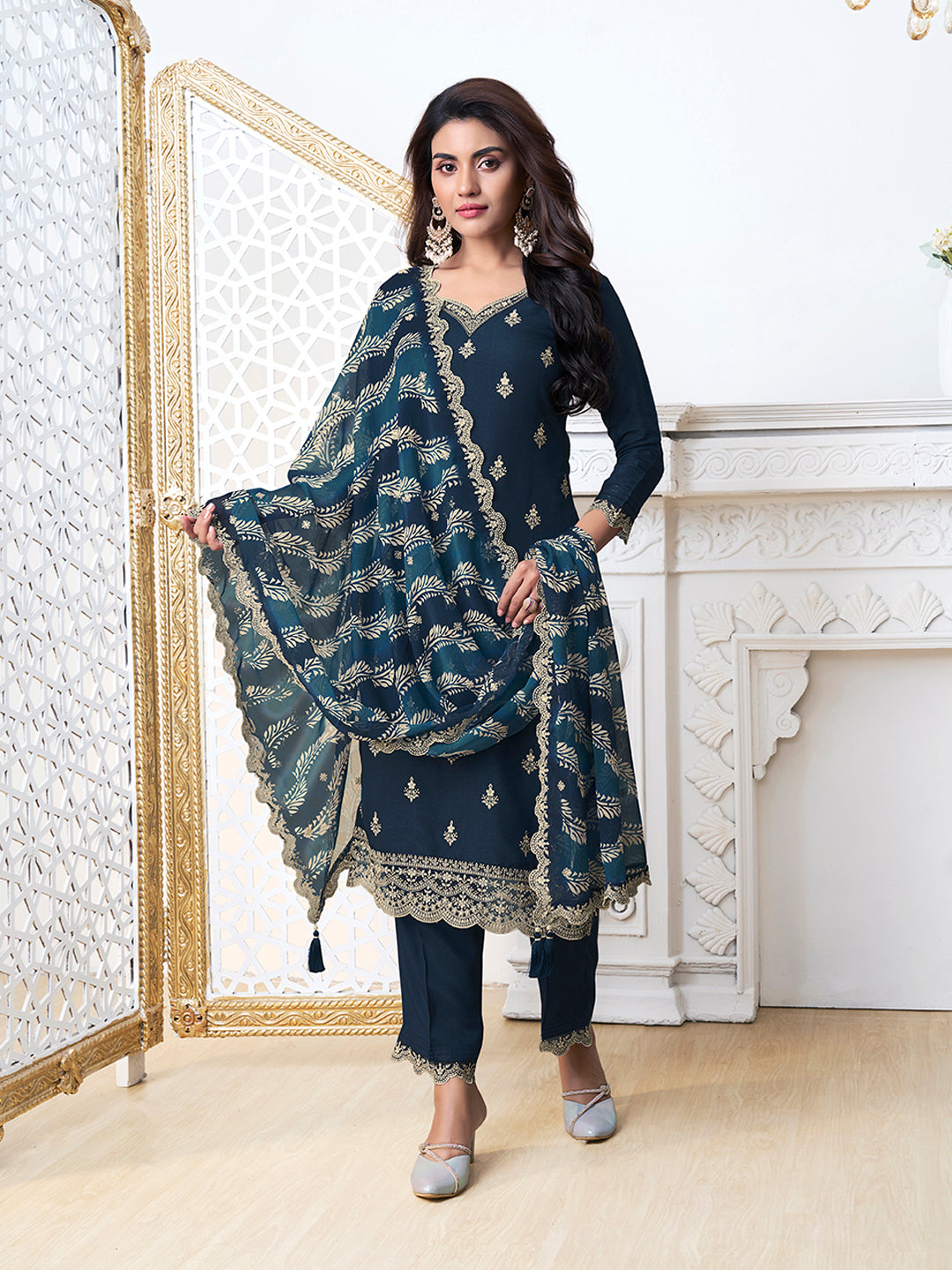 Navy Blue Cutwork Neckline Dola Silk Kurta Suit Set with Digital Print Dupatta