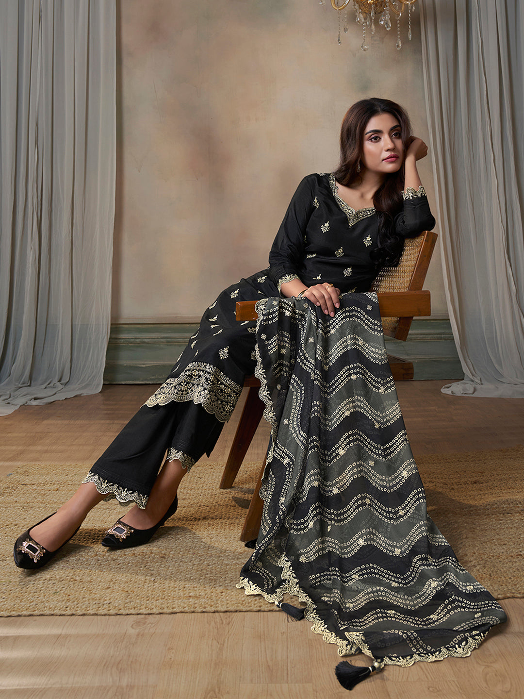 Black Cutwork Neckline Dola Silk Kurta Suit Set with Digital Print Dupatta