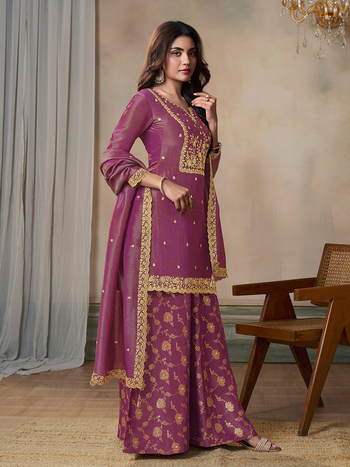 Pink Viscose Tissue with Pitta work Sharara Suit Set