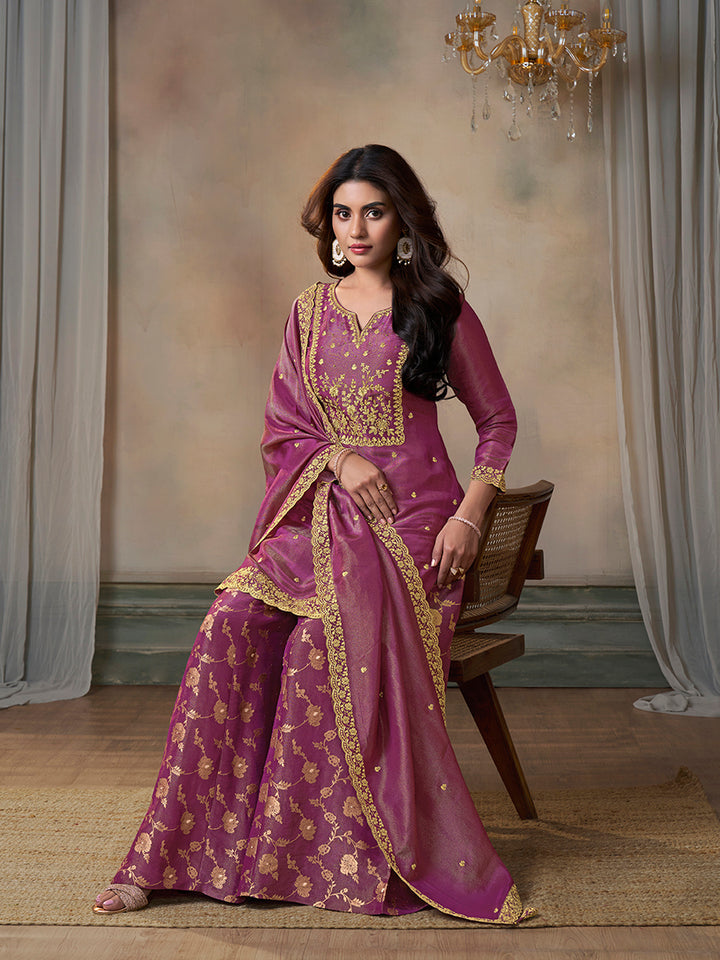 Pink Viscose Tissue with Pitta work Sharara Suit Set