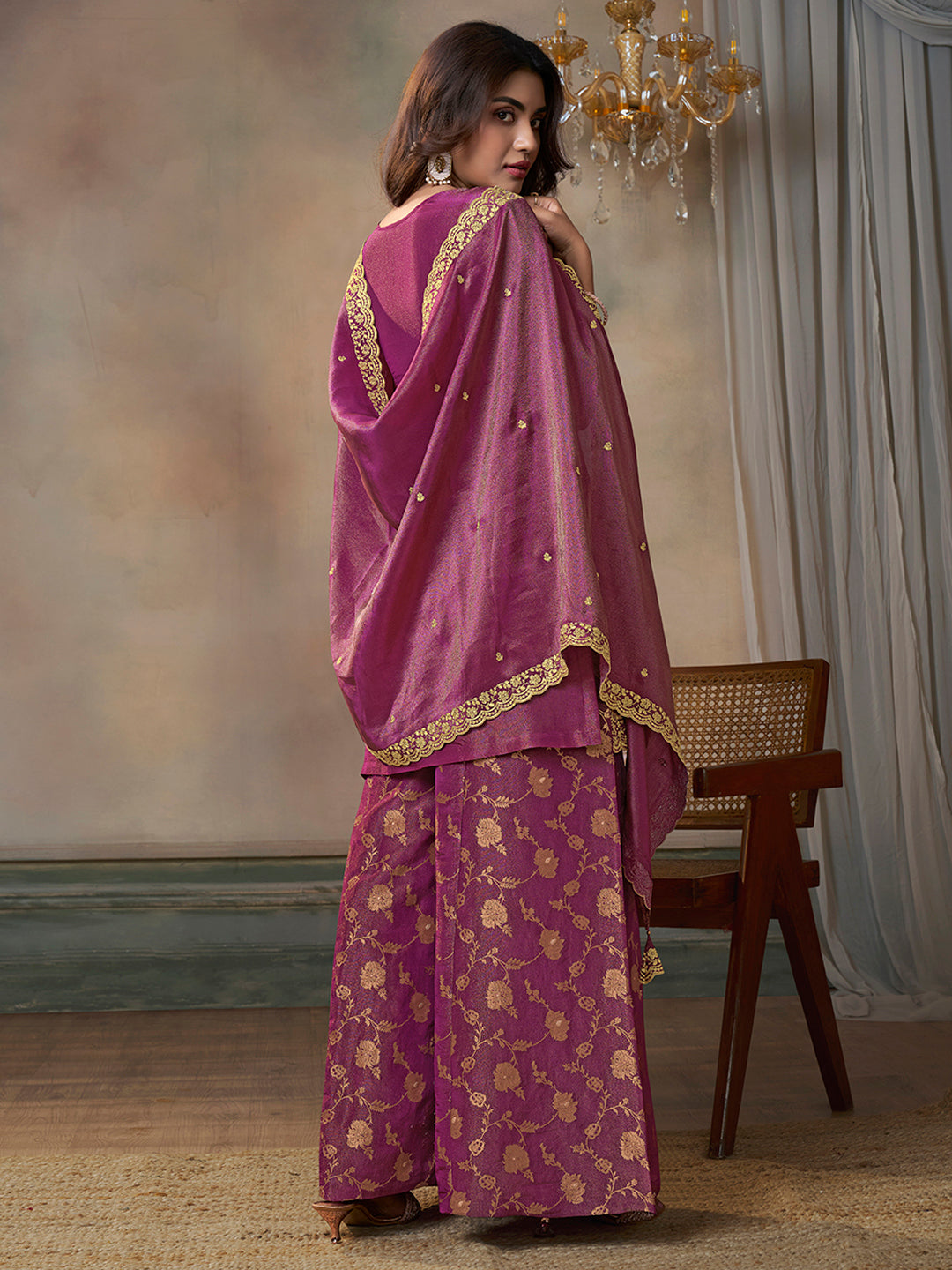 Pink Viscose Tissue with Pitta work Sharara Suit Set