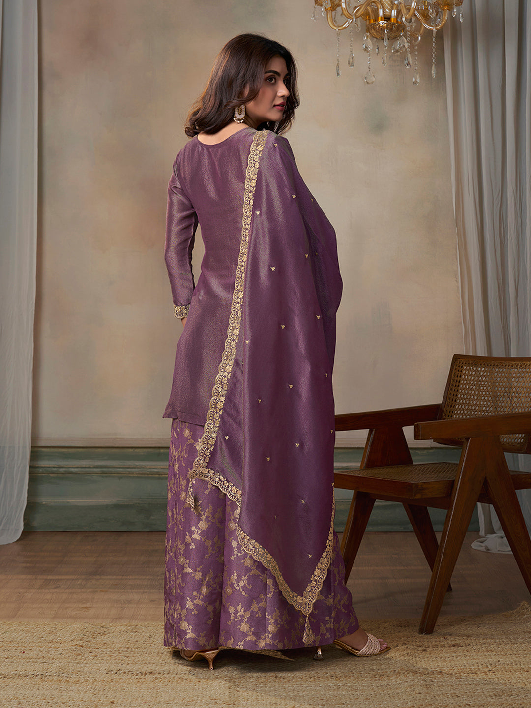 Purple Viscose Tissue with Pitta work Sharara Suit Set