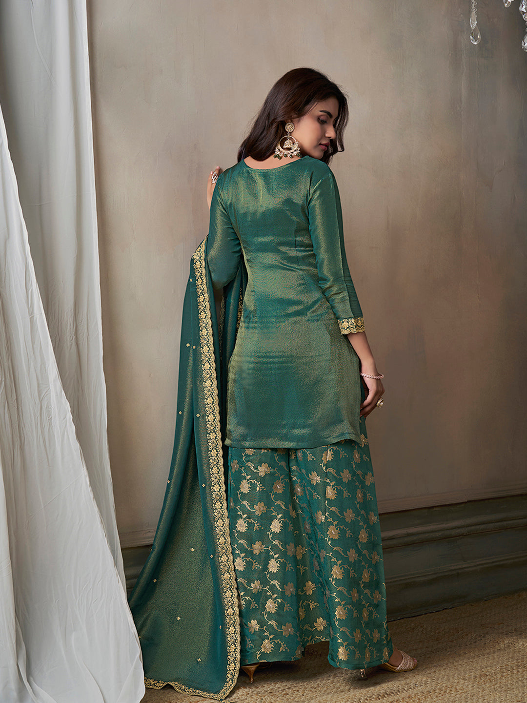 Sea Green Viscose Tissue with Pitta work Sharara Suit Set