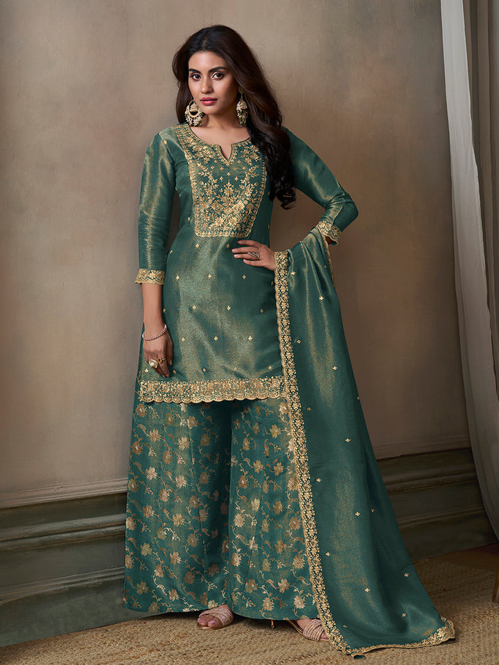 Sea Green Viscose Tissue with Pitta work Sharara Suit Set