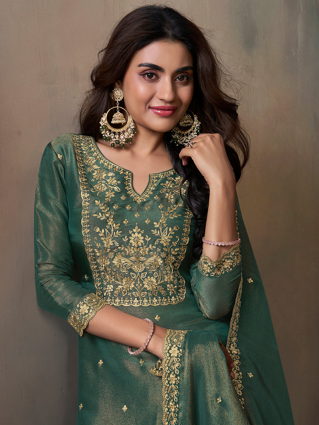 Sea Green Viscose Tissue with Pitta work Sharara Suit Set