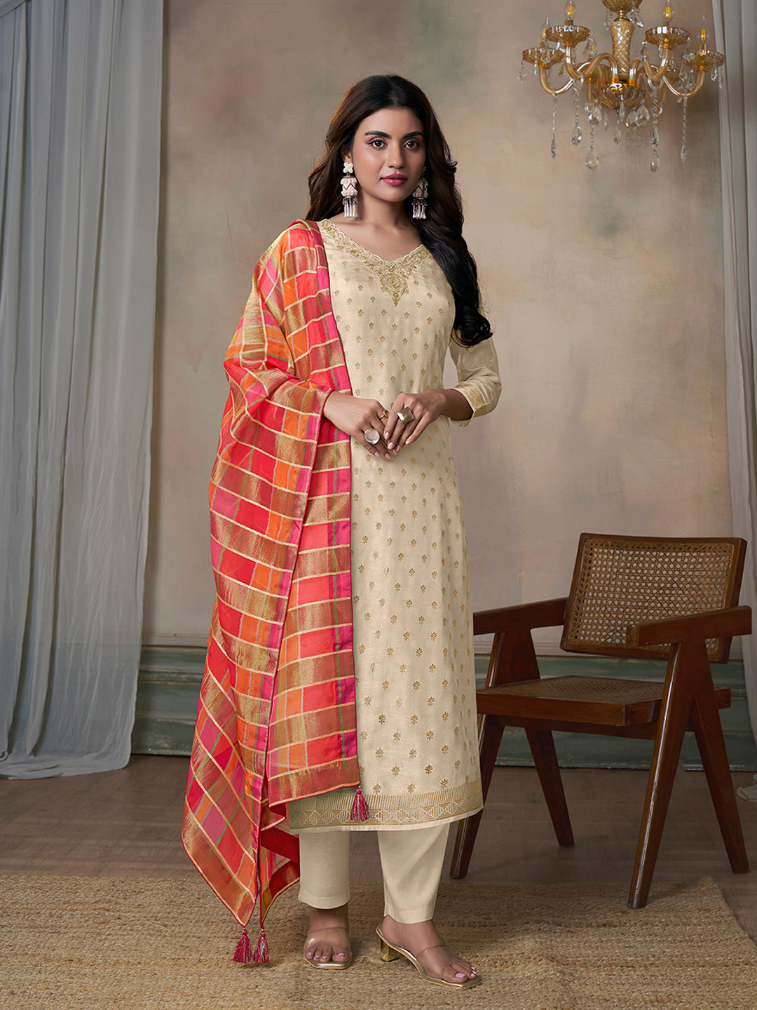 Off-White Dola Jacquard Kurta Suit Set with Digital Print Dupatta