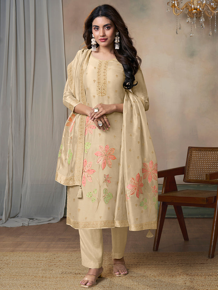 Off-White Organza Jacquard Floral Top Dyed Kurta Suit Set