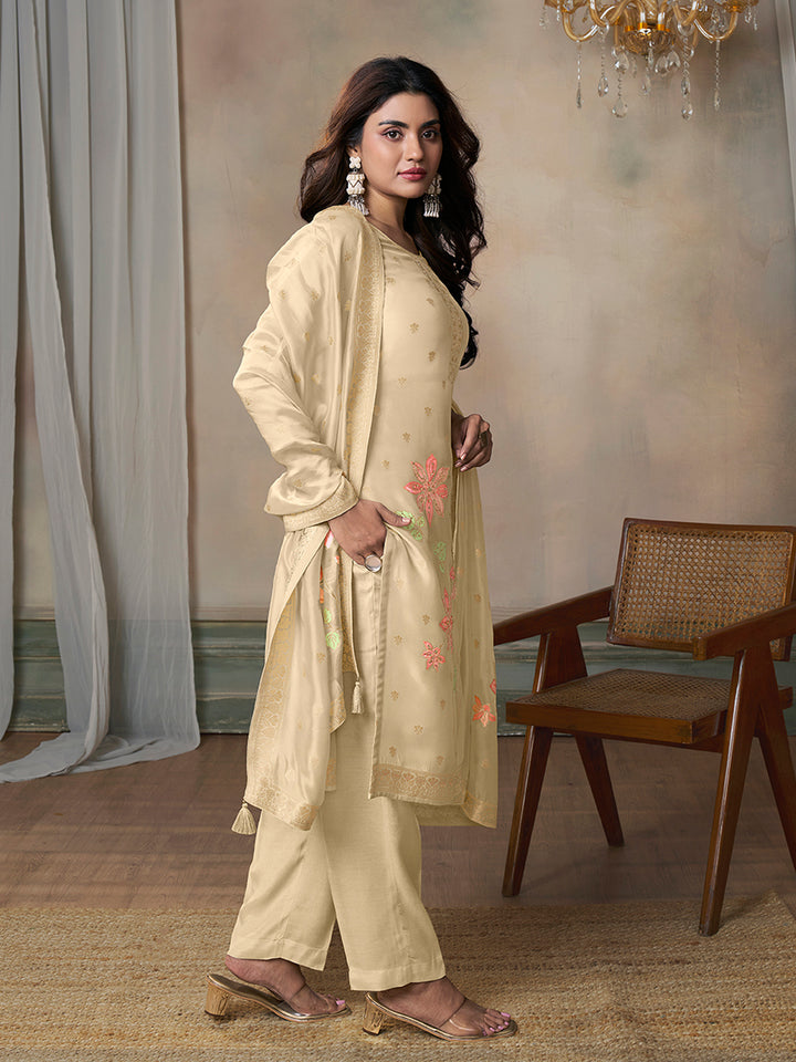 Off-White Organza Jacquard Floral Top Dyed Kurta Suit Set