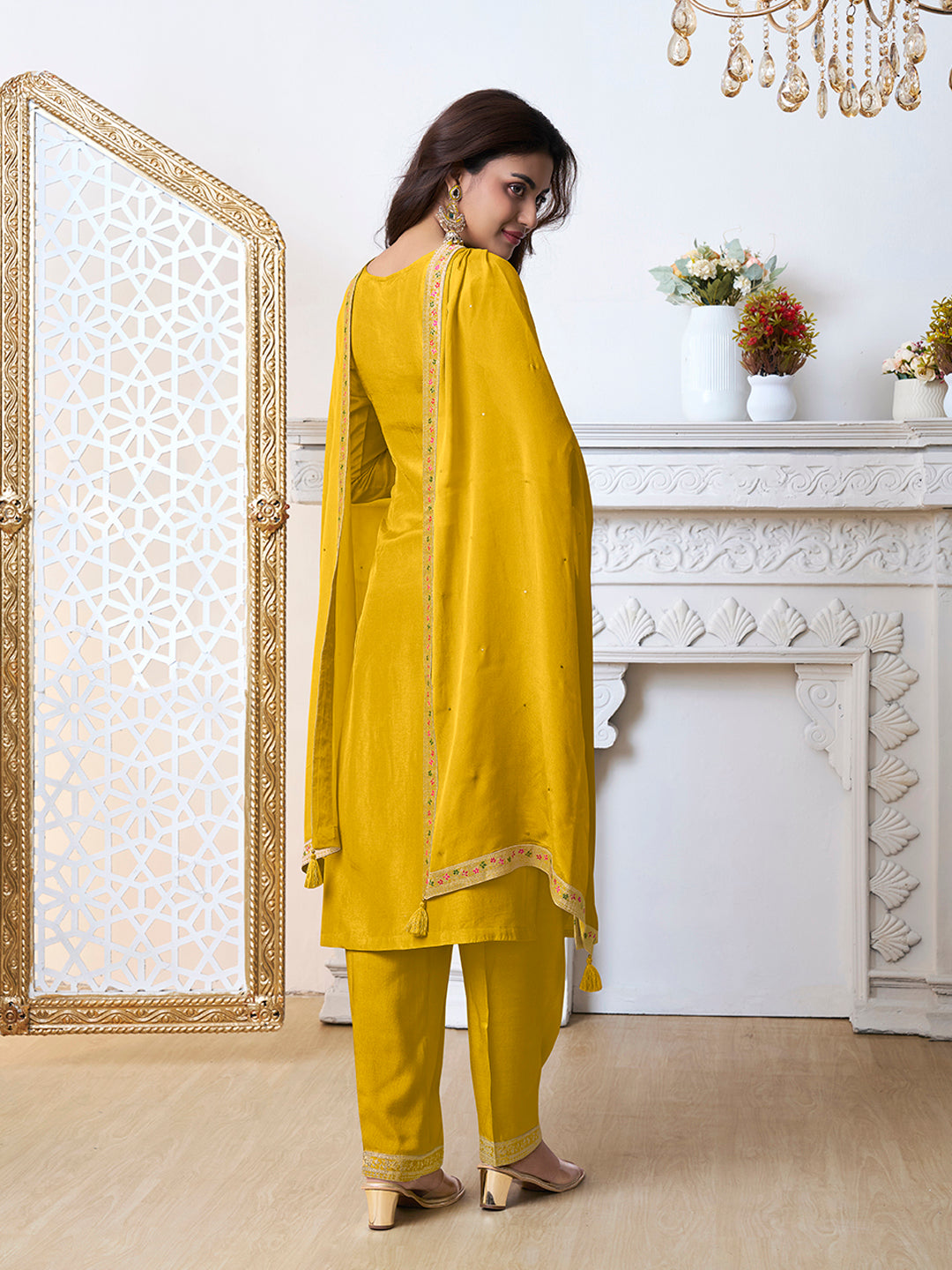 Yellow Meena Jacquard Kurta Suit Set