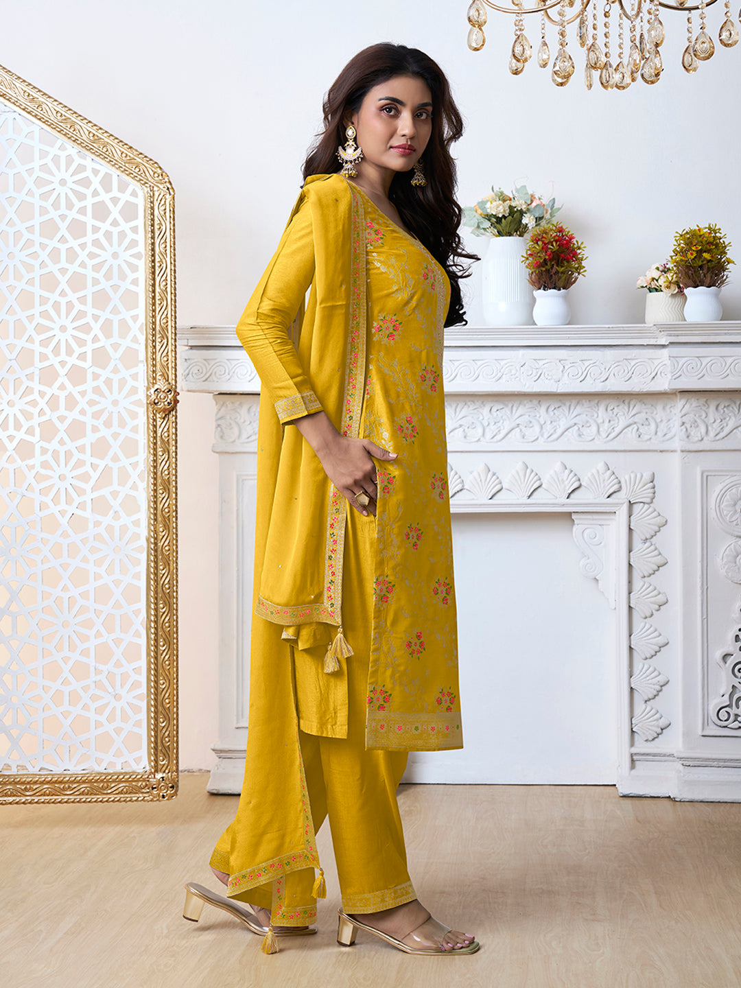 Yellow Meena Jacquard Kurta Suit Set