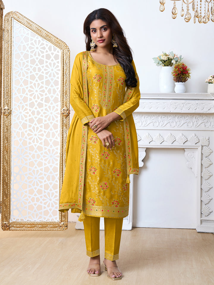 Yellow Meena Jacquard Kurta Suit Set