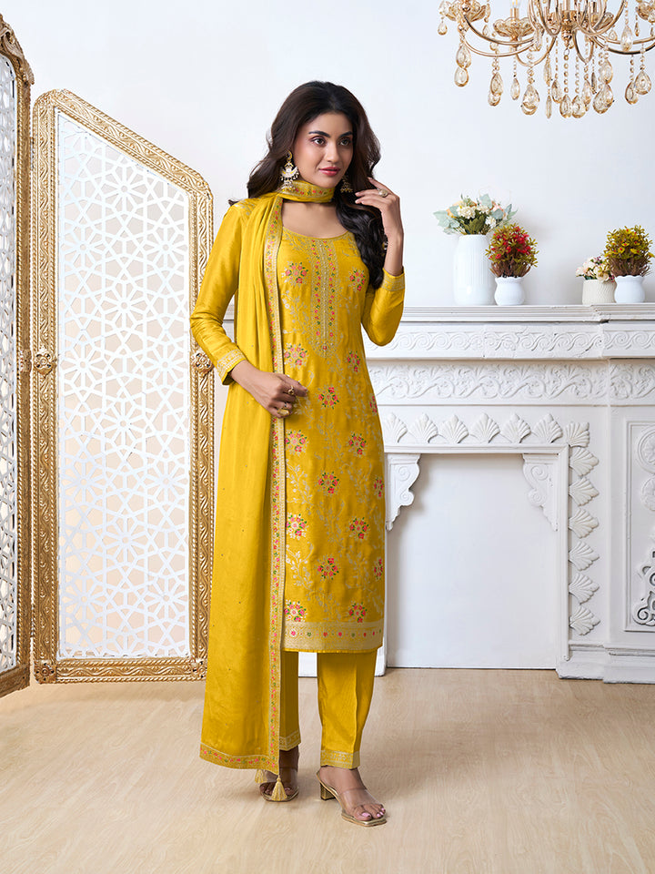 Yellow Meena Jacquard Kurta Suit Set