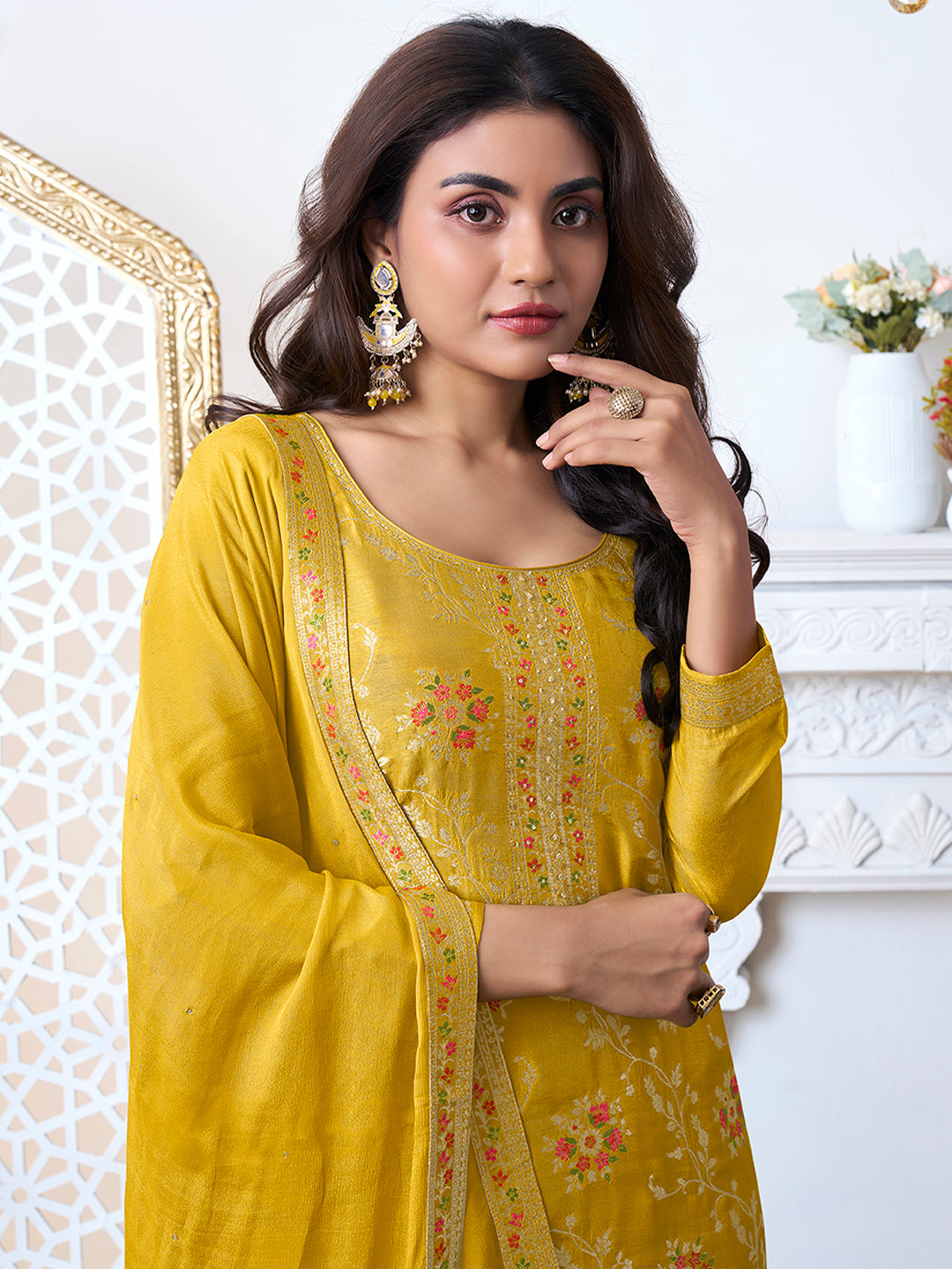 Yellow Meena Jacquard Kurta Suit Set