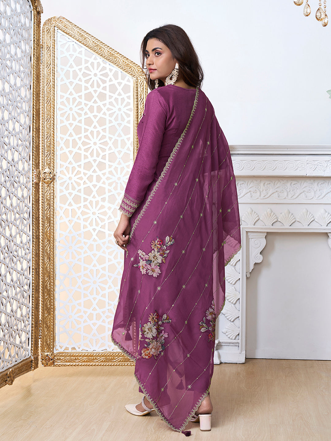 Purple Cutwork Neckline Dola Silk Kurta Suit Set with Floral Aplique Dupatta