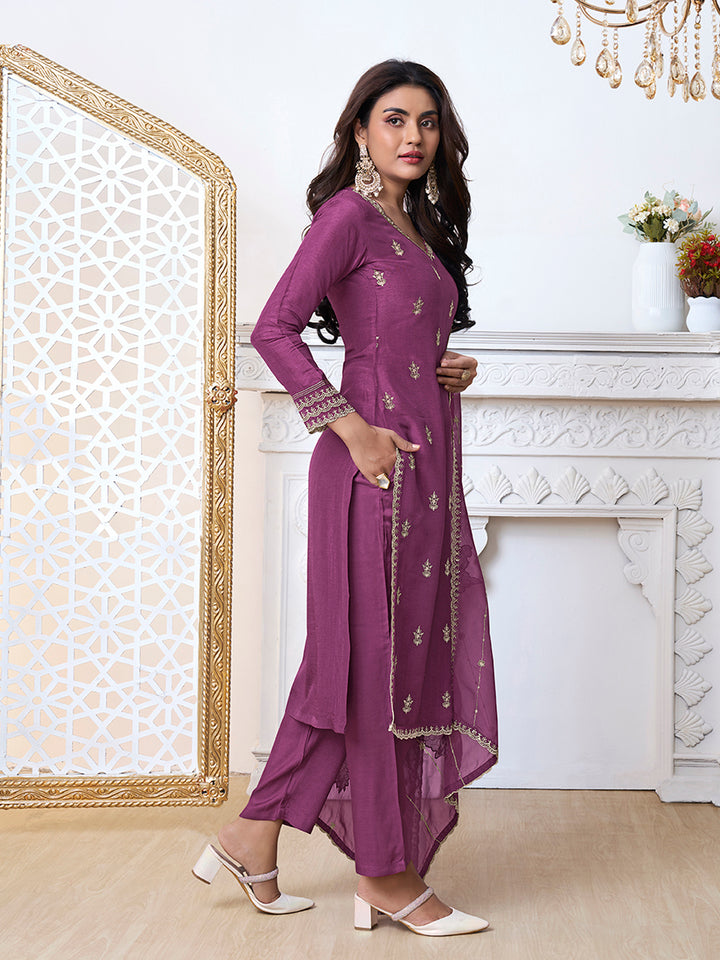 Purple Cutwork Neckline Dola Silk Kurta Suit Set with Floral Aplique Dupatta