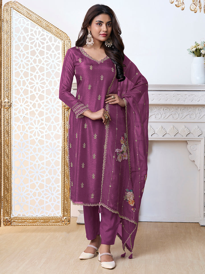 Purple Cutwork Neckline Dola Silk Kurta Suit Set with Floral Aplique Dupatta