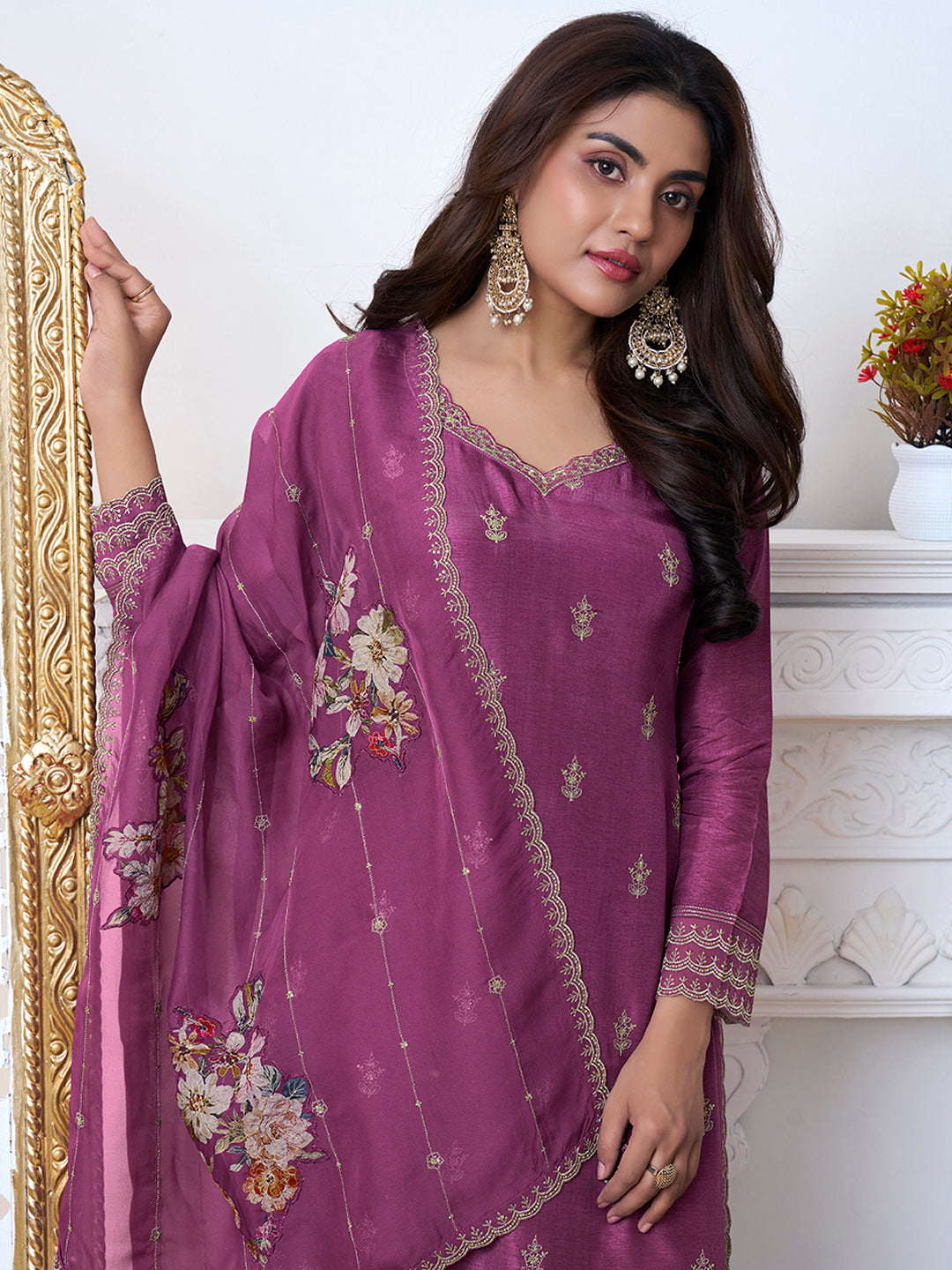 Purple Cutwork Neckline Dola Silk Kurta Suit Set with Floral Aplique Dupatta