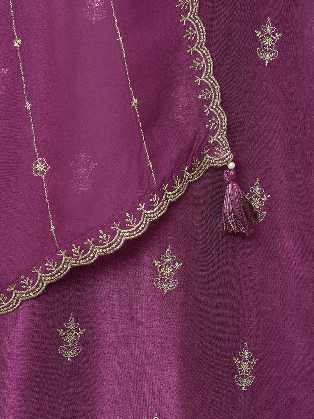 Purple Cutwork Neckline Dola Silk Kurta Suit Set with Floral Aplique Dupatta