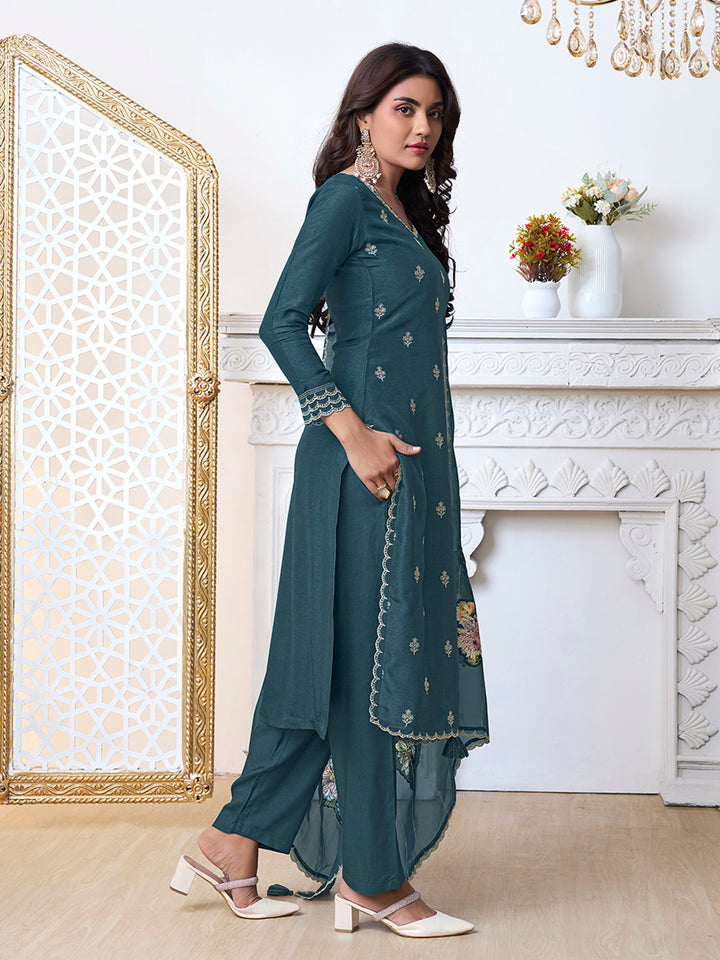 Blue Cutwork Neckline Dola Silk Kurta Suit Set with Floral Aplique Dupatta