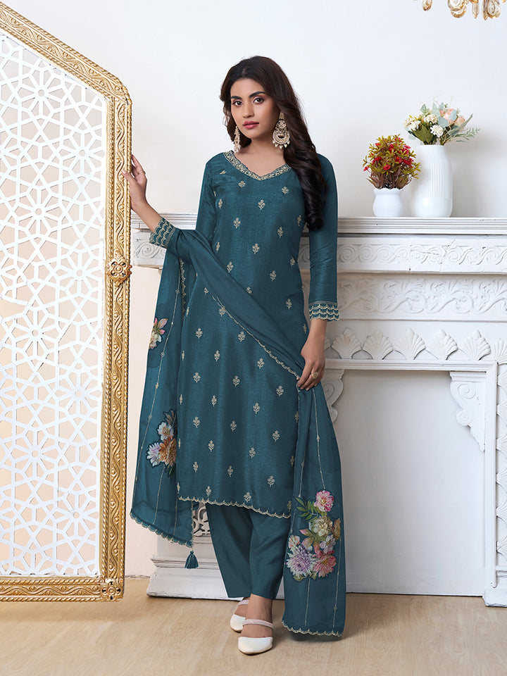 Blue Cutwork Neckline Dola Silk Kurta Suit Set with Floral Aplique Dupatta