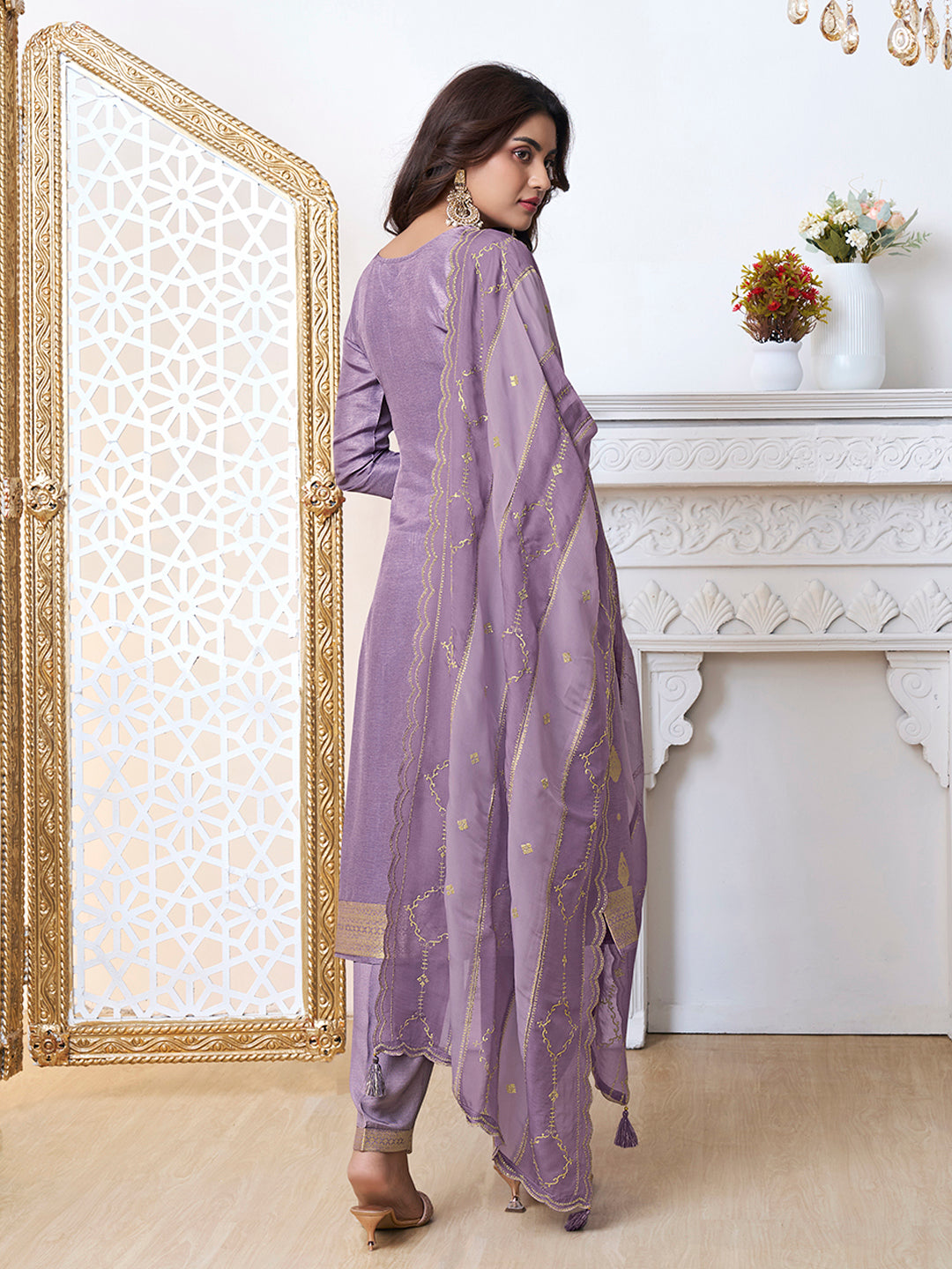 Purple Dola Ethic Motifs Jacquard with Embroidered Kurta Suit Set.