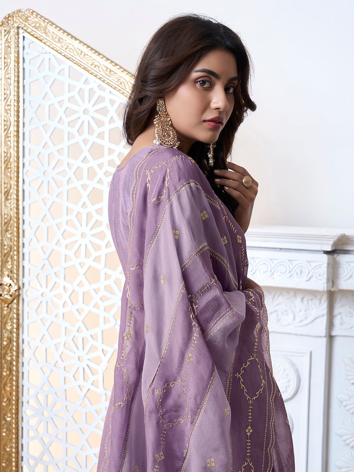 Purple Dola Ethic Motifs Jacquard with Embroidered Kurta Suit Set.