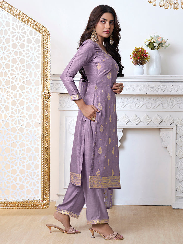 Purple Dola Ethic Motifs Jacquard with Embroidered Kurta Suit Set.