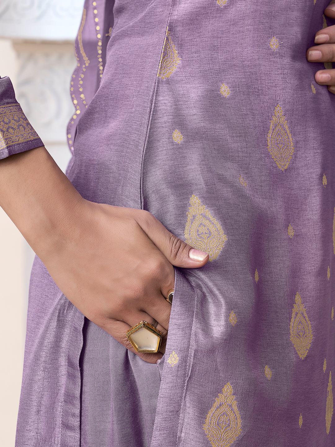 Purple Dola Ethic Motifs Jacquard with Embroidered Kurta Suit Set.