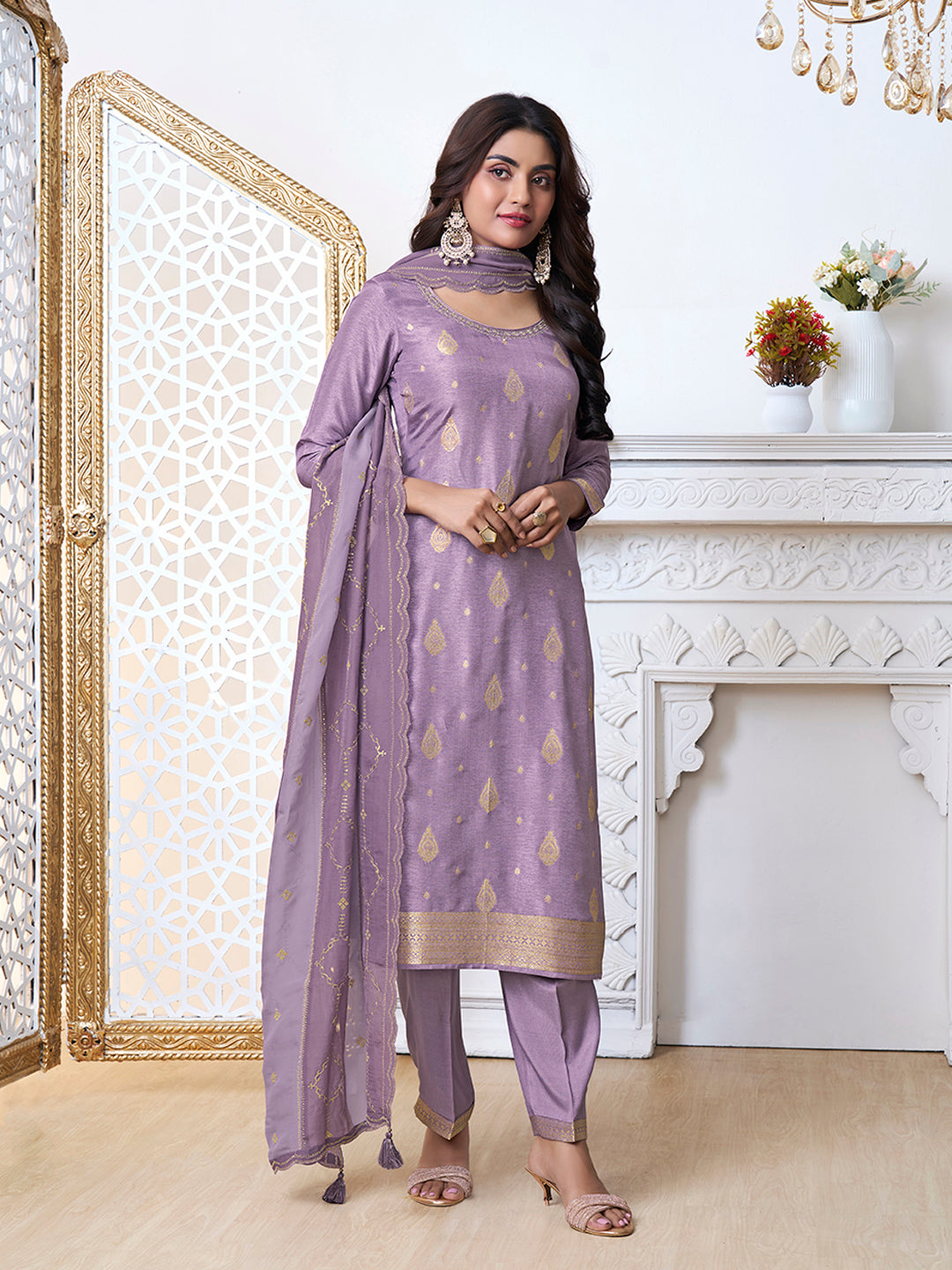 Purple Dola Ethic Motifs Jacquard with Embroidered Kurta Suit Set.