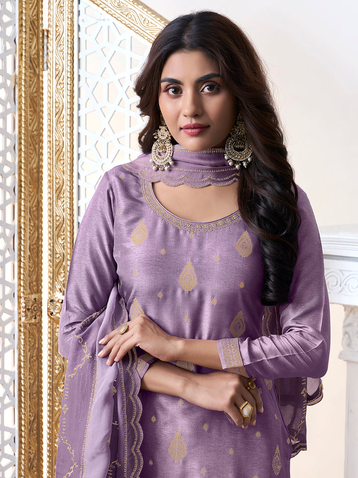 Purple Dola Ethic Motifs Jacquard with Embroidered Kurta Suit Set.