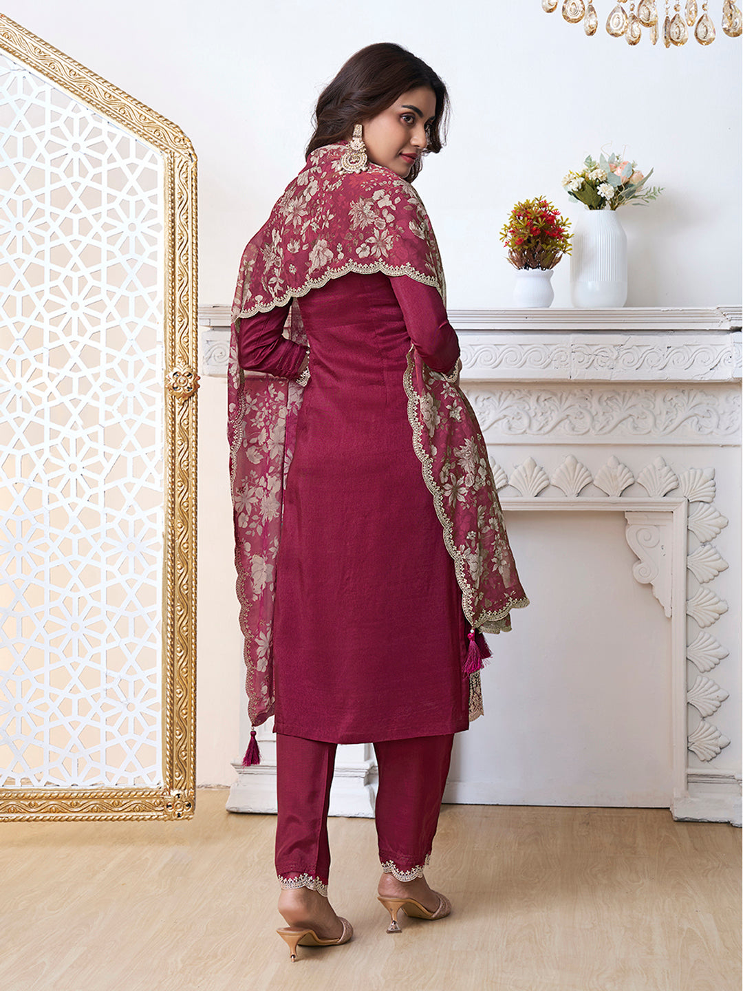 Maroon Cutwork Neckline Dola Silk Kurta Suit Set with floral Printed Dupatta Product vendor