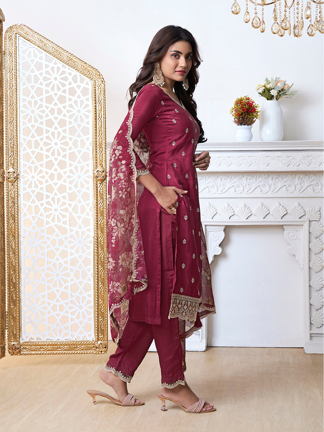 Maroon Cutwork Neckline Dola Silk Kurta Suit Set with floral Printed Dupatta Product vendor