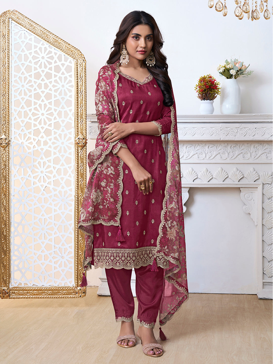 Maroon Cutwork Neckline Dola Silk Kurta Suit Set with floral Printed Dupatta Product vendor