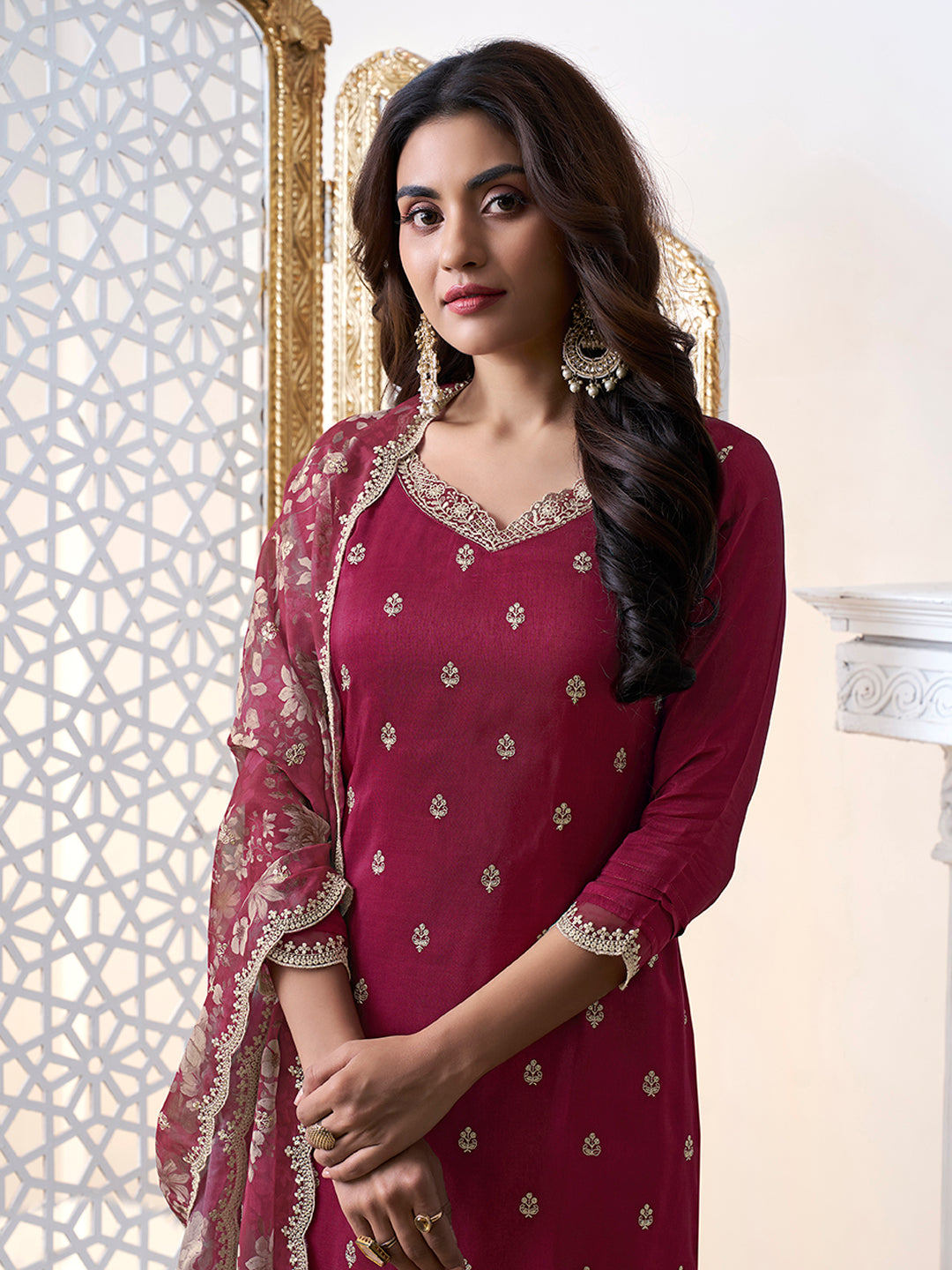 Maroon Cutwork Neckline Dola Silk Kurta Suit Set with floral Printed Dupatta Product vendor