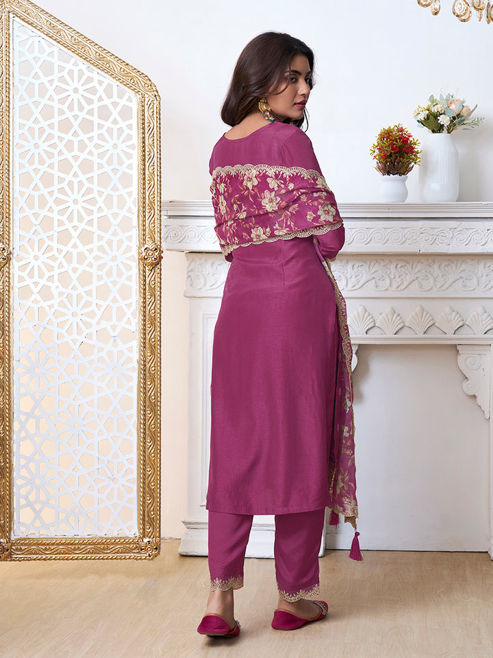 Dark Pink Cutwork Neckline Dola Silk Kurta Suit Set with floral Printed Dupatta Product vendor