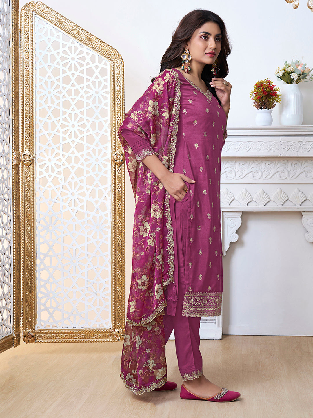 Dark Pink Cutwork Neckline Dola Silk Kurta Suit Set with floral Printed Dupatta Product vendor