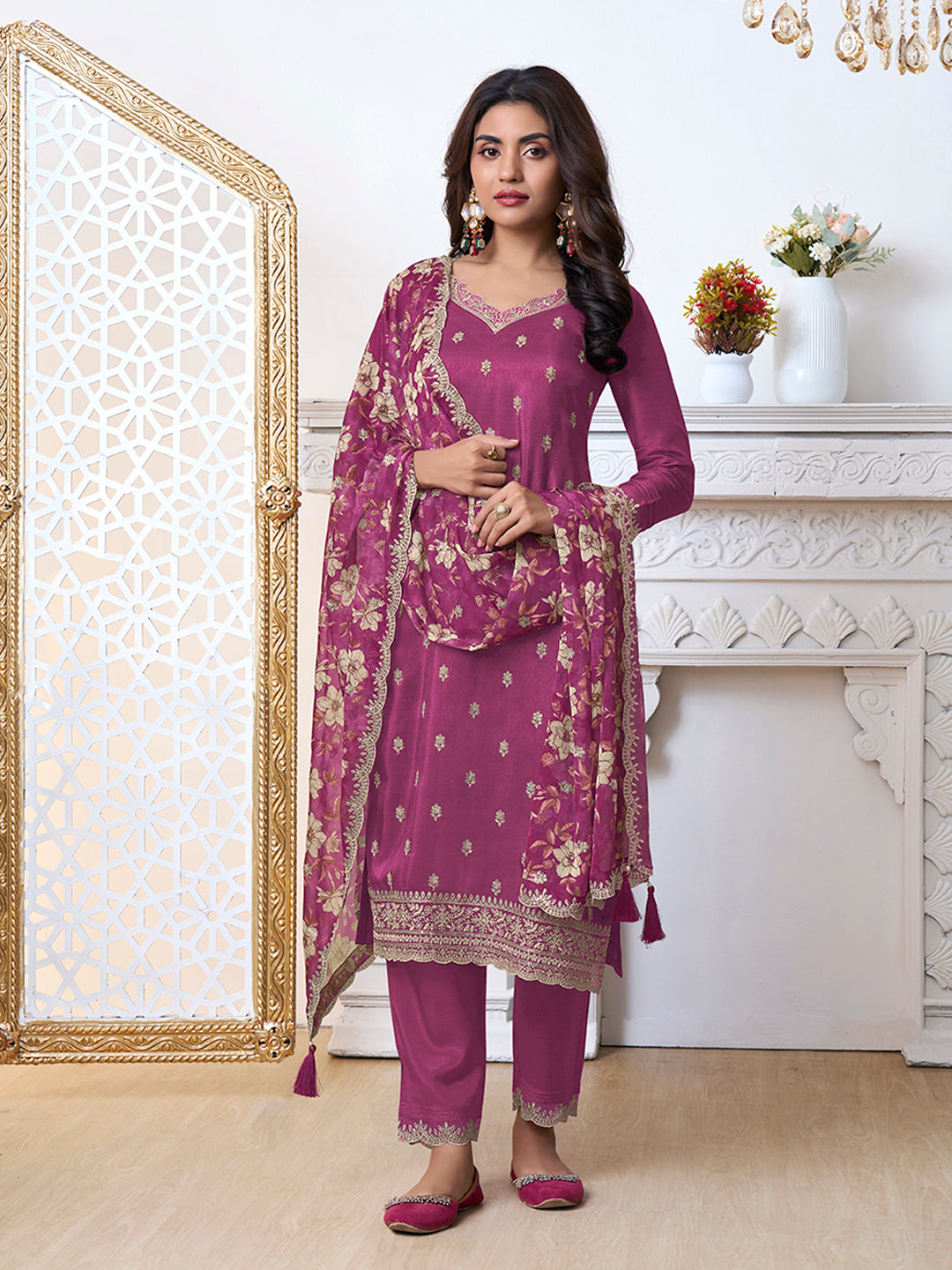 Dark Pink Cutwork Neckline Dola Silk Kurta Suit Set with floral Printed Dupatta Product vendor