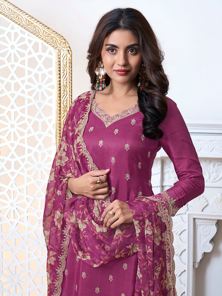 Dark Pink Cutwork Neckline Dola Silk Kurta Suit Set with floral Printed Dupatta Product vendor