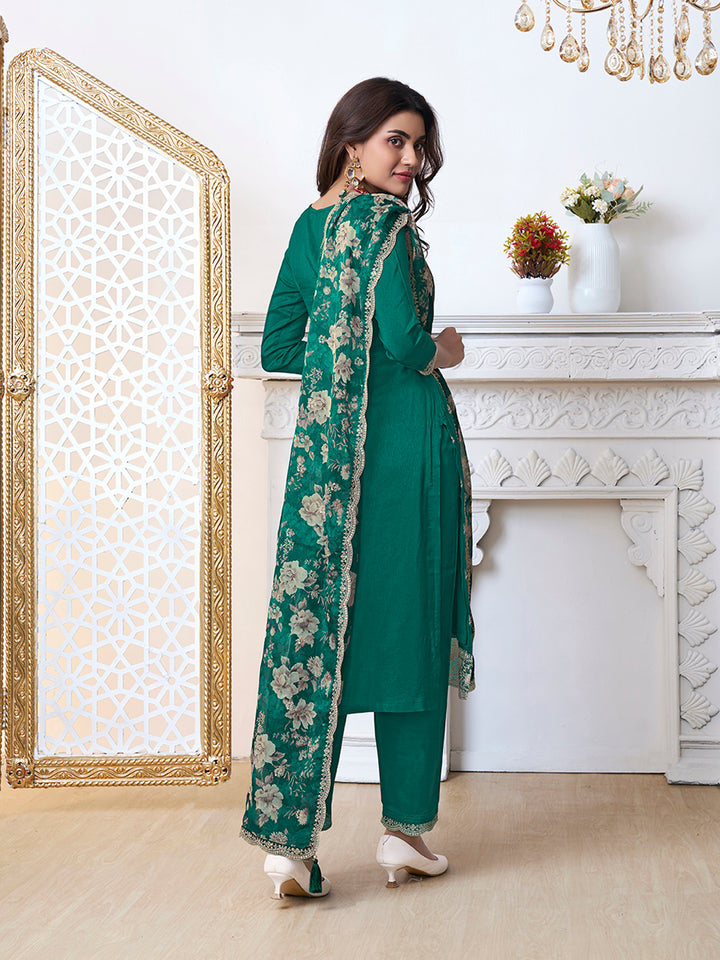 Green Cutwork Neckline Dola Silk Kurta Suit Set with floral Printed Dupatta Product vendor