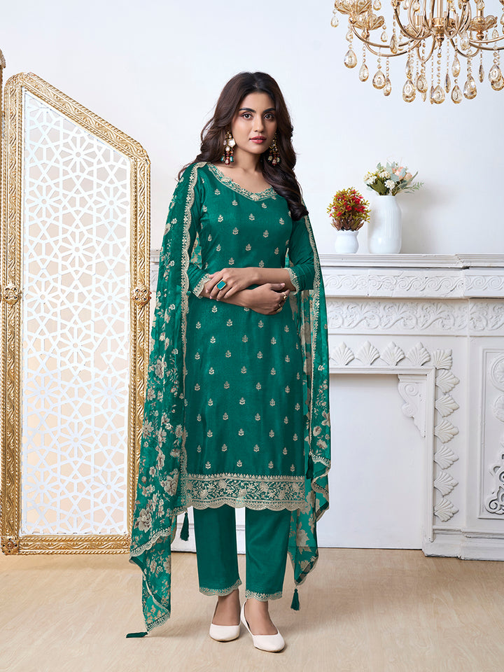 Green Cutwork Neckline Dola Silk Kurta Suit Set with floral Printed Dupatta Product vendor