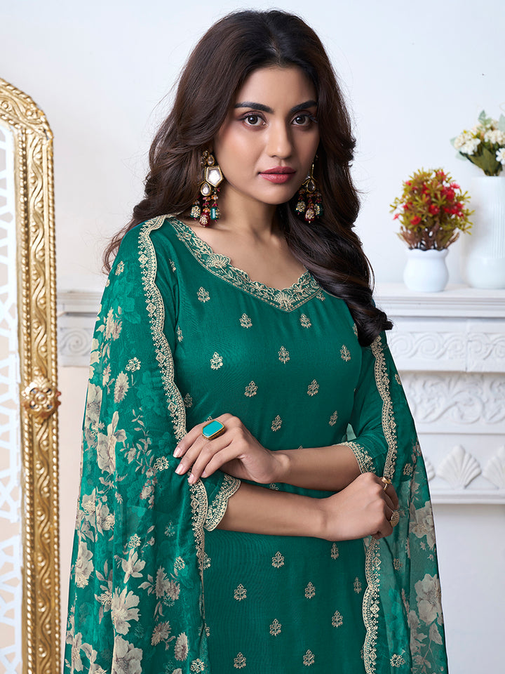 Green Cutwork Neckline Dola Silk Kurta Suit Set with floral Printed Dupatta Product vendor