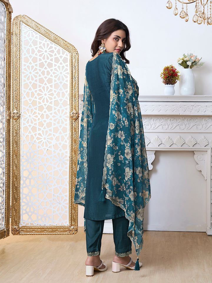 Blue Cutwork Neckline Dola Silk Kurta Suit Set with floral Printed Dupatta Product vendor