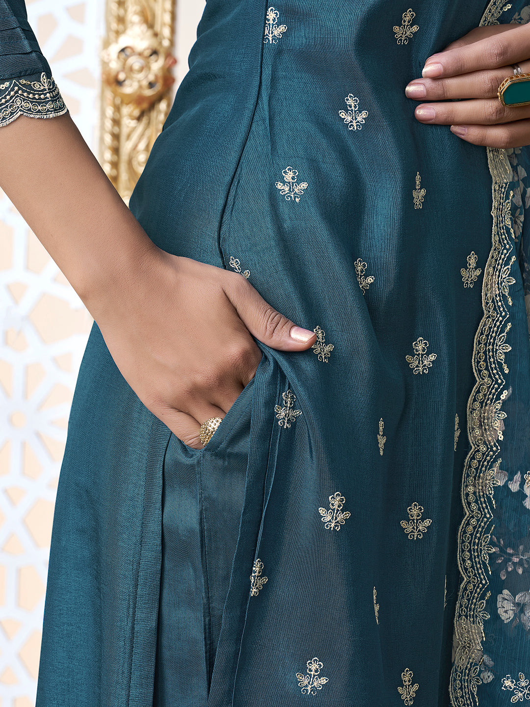 Blue Cutwork Neckline Dola Silk Kurta Suit Set with floral Printed Dupatta Product vendor