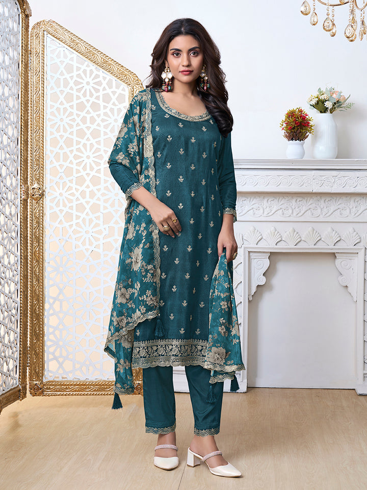 Blue Cutwork Neckline Dola Silk Kurta Suit Set with floral Printed Dupatta Product vendor