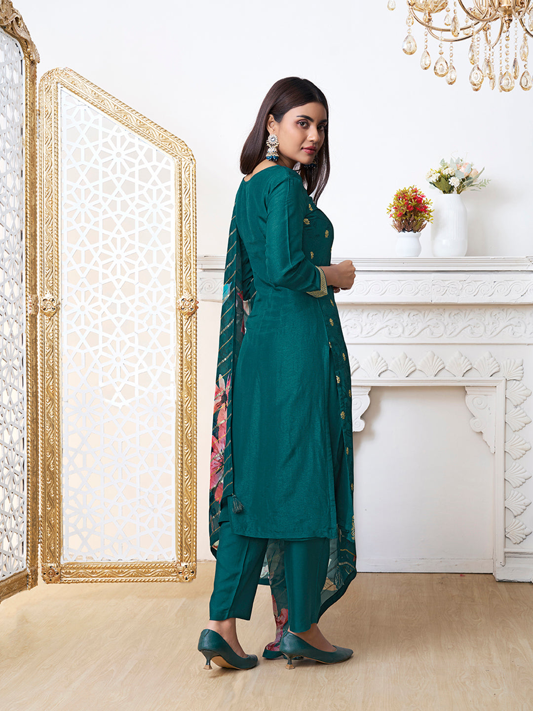 Green Dola Ethic Motifs Jacquard Kurta Suit Set.